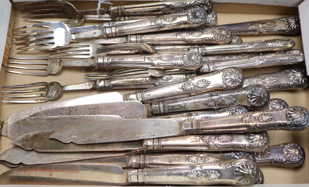 A set of twelve pairs of Edwardian silver fish eaters by Harrison Fisher, Sheffield, 1905 (loaded handles).